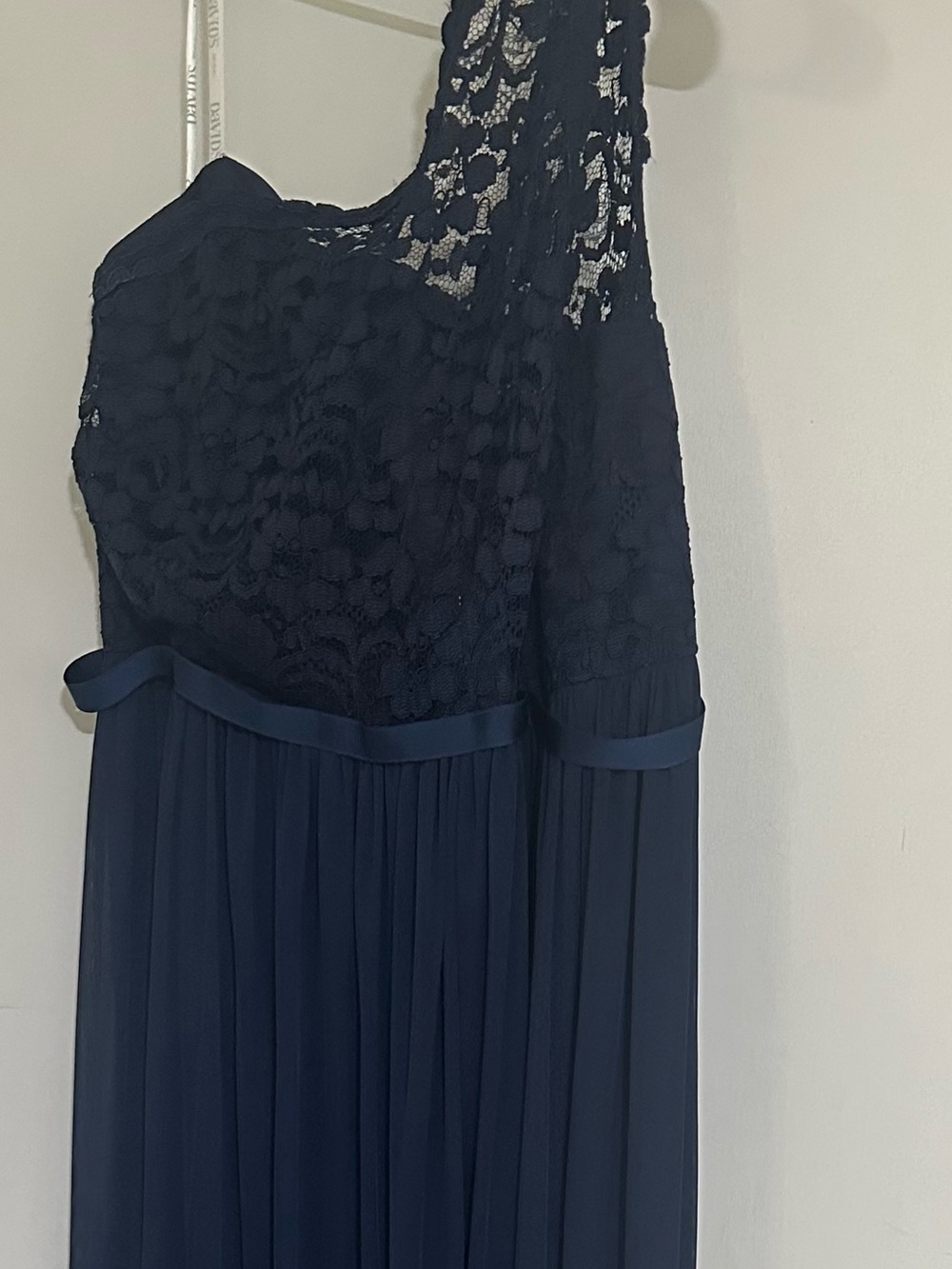 Davids Bridal Long Maxi Dress Navy One Shoulder Lace Chiffon Bridesmaid Prom